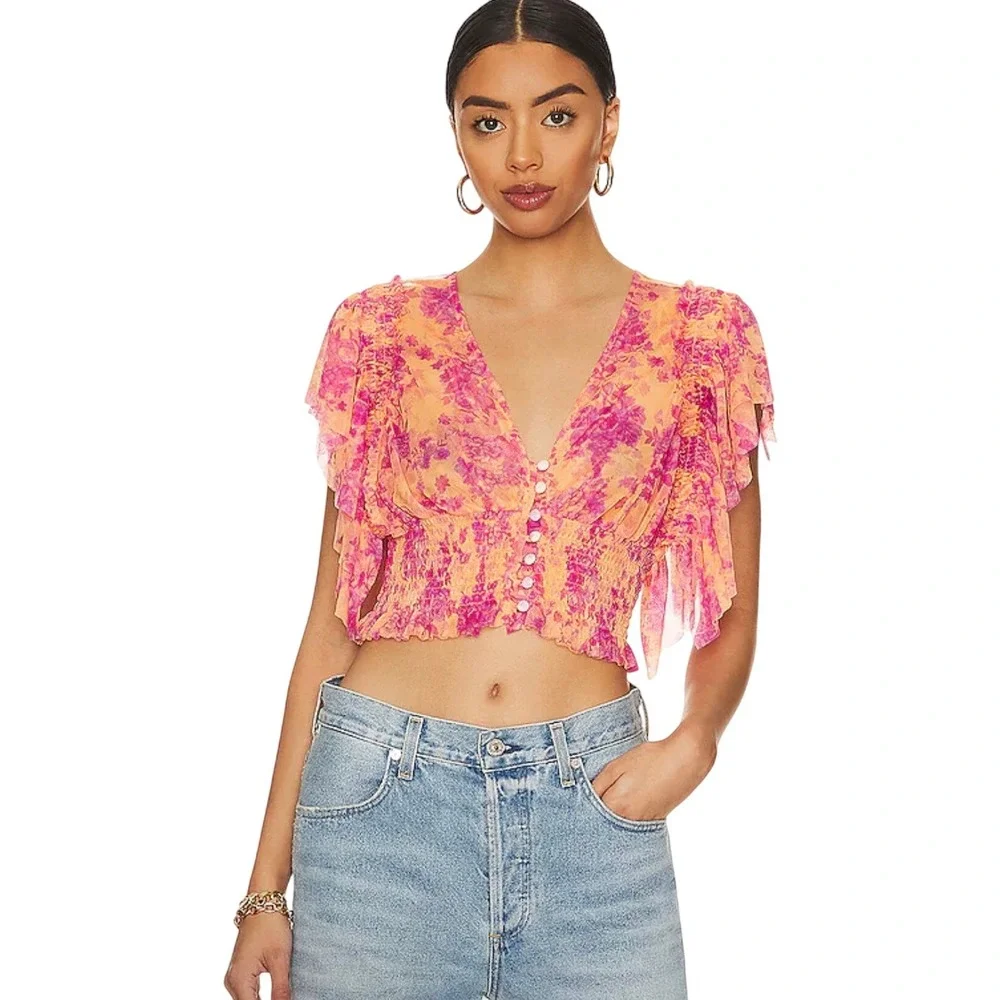 Free People XS Top Floral Print‎ Ruffle Sleeve Smocked Blouse Orange Pink
